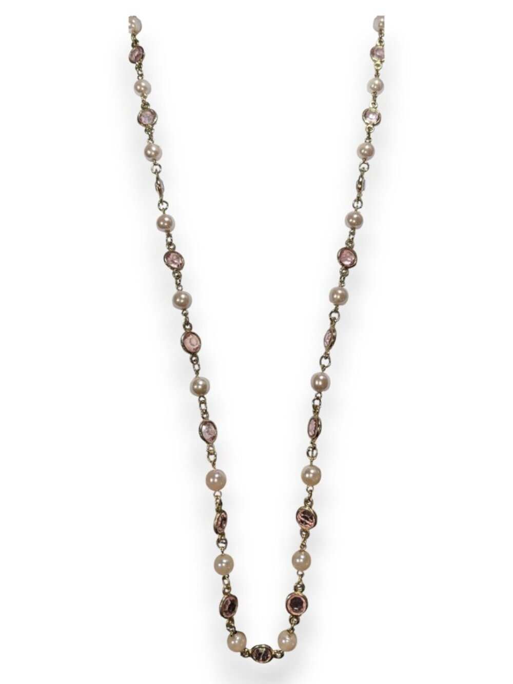 Romantic Gold Tone Pink Acrylic Gem Faux Pearl Necklace 30 Inch